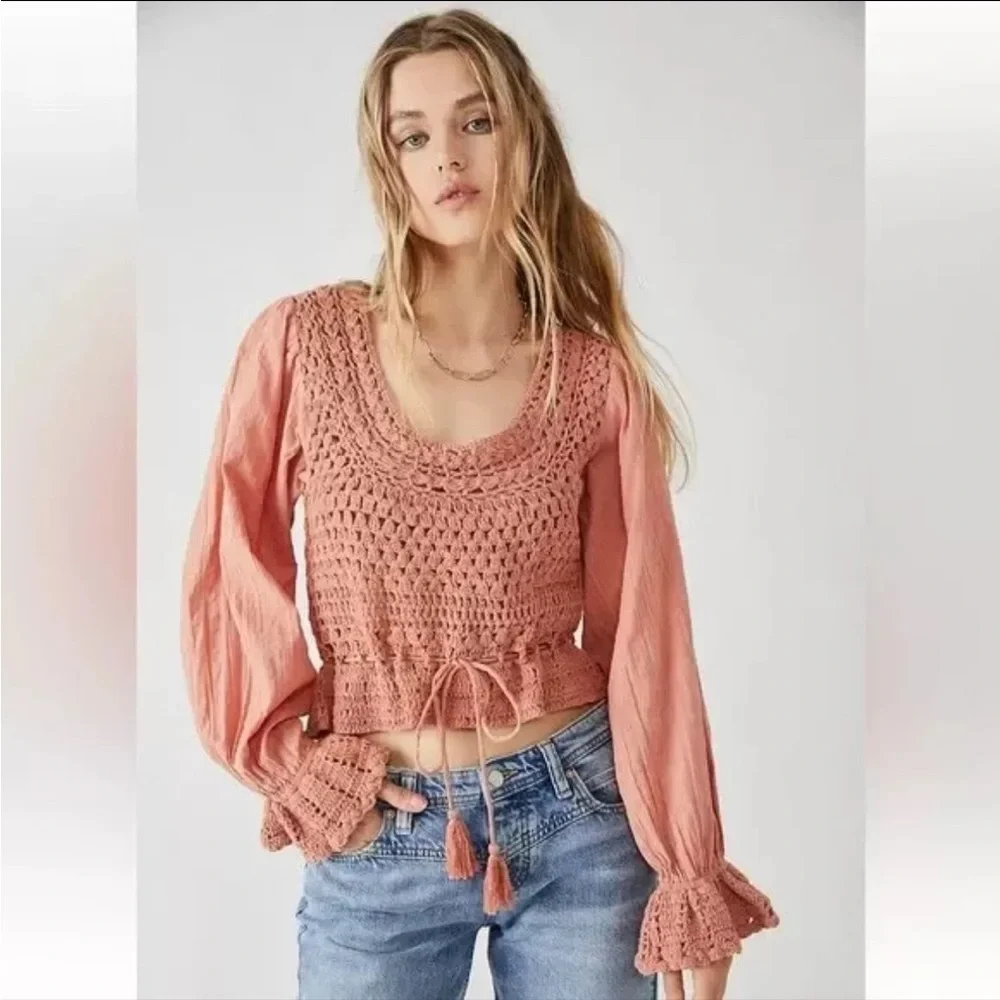 Free People Women's Megan Crochet Knit Peplum Puff Sleeve Top | NEW!!!⭐️⭐️‎